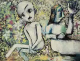 Charles Blackman, Girl and Boy Surrounded by Flowers c1956, c1956, oil on board