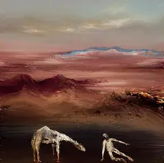 Landscape - Man and Camel 1966 by Sidney Nolan, 1966, synthetic polymer paint and oil on composition board, offered May 2013