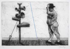 Man with Three Megaphones 1998 by William Kentridge, 1998, etching and aquatint with hand colouring on paper, sold Sep 2012