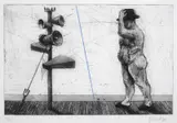 William Kentridge, Man with Three Megaphones 1998, 1998, etching and aquatint with hand colouring on paper