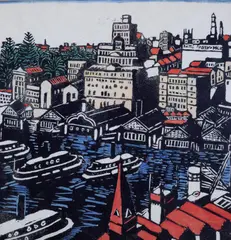 Circular Quay 1925 by Margaret Preston, 1925, hand-coloured woodcut, offered Jun 2012