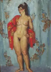 The Red Drape by Norman Lindsay, oil on canvas board, sold Jun 2012