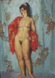 The Red Drape by Norman Lindsay, oil on canvas board, sold Jun 2012