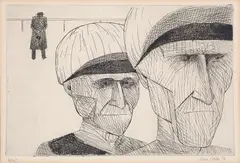 John Brack, Jockeys Returning 1956, 1956, etching