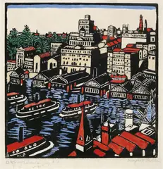 Circular Quay 1925 by Margaret Preston, 1925, handcoloured woodcut, sold Mar 2012