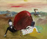 Kate Kelly Pursued by Constable Fitzpatrick c1945 by Sidney Nolan, c1945, oil on board, sold Mar 2012