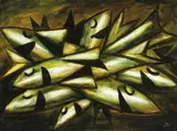 Pro Hart, Fish, oil on board