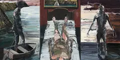Boat, Bed, Boy 2002 by Euan MacLeod, 2002, acrylic on paper laminated on canvas (triptych), sold Dec 2011