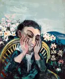 John Perceval, Man Thinking in Cane Chair with Flowers c1954, c1954, oil and tempera on muslin on composition board