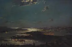 John Charles Allcot, Naval Fleet in Sydney Harbour at Night 1916, 1916, oil on canvas