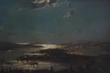 John Charles Allcot, Naval Fleet in Sydney Harbour at Night 1916, 1916, oil on canvas