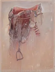 Tim Storrier, Saddle 1986, 1986, watercolour, synthetic polymer paint, timber, rope leather and metals on paper