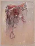 Tim Storrier, Saddle 1986, 1986, watercolour, synthetic polymer paint, timber, rope leather and metals on paper