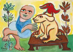 The Private Conversation 2003 by Mirka Mora, 2003, gouache on paper, sold Sep 2011
