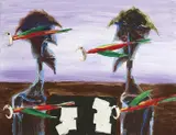 Albert Tucker, Gamblers and Parrots 1968, 1968, synthetic polymer paint on composition board