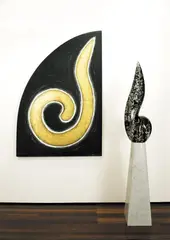 Seer 1990 by Akio Makigawa, 1990, oil and gold leaf on canvas; white Carrara marble, Poltarro marble, sold Dec 2010