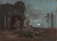 The Camp Fire 1900 by Sydney Long, 1900, oil on wood panel, sold Dec 2010