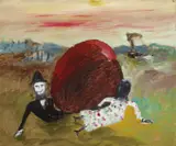 Kate Kelly Pursued by Constable Fitzpatrick c1945 by Sidney Nolan, c1945, oil on board, sold Sep 2010