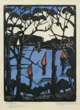 Margaret Preston, Sydney Heads [1] 1925, 1925, hand coloured woodcut