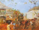 Hugh Sawrey, Changing the Horses (Cobb and Co Series), oil on canvas on composition board