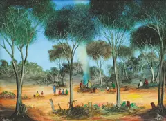 The Picnic by Pro Hart, oil on canvas-board, offered Mar 2010