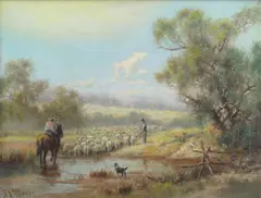 Shearing Time by J. A. Turner, oil on linen, sold Mar 2010
