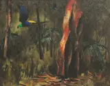 Parrots and Trees c1968 by Albert Tucker, c1968, oil on composition board, sold Dec 2009