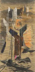 Chinese Junks 1957 by Elaine Haxton, 1957, watercolour and mixed media on paper on card, sold Dec 2009