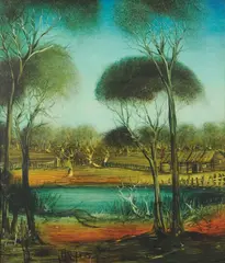 Waterhole 1975 by Pro Hart, 1975, oil on composition board, sold Dec 2009