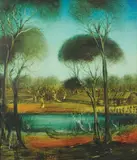 Waterhole 1975 by Pro Hart, 1975, oil on composition board, sold Dec 2009