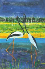 Jabirus by Patrick Hockey, synthetic polymer paint on paper on canvas, offered Dec 2009