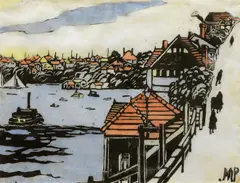 (Mosman Bay Bridge) c1920 by Margaret Preston, c1920, hand coloured woodcut, sold Sep 2009
