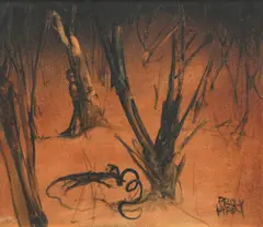 Man and Lizard by Pro Hart, oil on board, sold Sep 2009