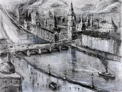 Mark Hanham, Misty Thames, synthetic polymer on linen