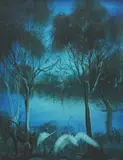 Waterbirds 1983 by Pro Hart, 1983, oil on composition board, sold Sep 2009