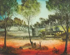 Pumping Engine 1982 by Pro Hart, 1982, oil on board, sold Sep 2009
