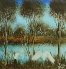 Waterbirds by Pro Hart, oil on board, sold Sep 2009