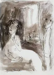 Le Petit Dejeuner by Garry Shead, ink and wash on paper, sold Jun 2009