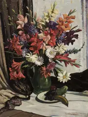 Daryl Lindsay, Still Life, Vase of Summer Flowers before a Curtain, oil on canvas