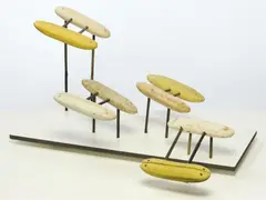 Al Taylor, Floaters 1998, 1998, foamed plastic fishing floats, bamboo garden stakes, acrylic mica, mortar, formica and wood