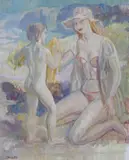 Arthur Murch, Mother and Child at the Beach, oil on canvas on board