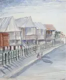 Laurence Hope, Queensland Terrace with Figure, watercolour on paper