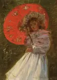 John Samuel Watkins, Girl with Red Umbrella, oil on canvas on board