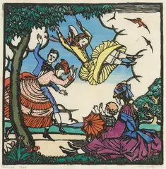 The Swing 1925 by Thea Proctor, 1925, hand coloured woodcut, offered Mar 2009
