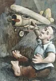 McLean Edwards, Untitled (Boy With Bi-plane) 1995-96, 1995-96, oil on printed fabric