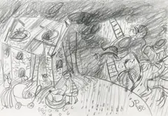 Ladders 1986 by John Perceval, 1986, pencil on paper, sold Mar 2009