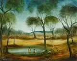 Pro Hart, The Water hole 1976, 1976, oil on canvas-board