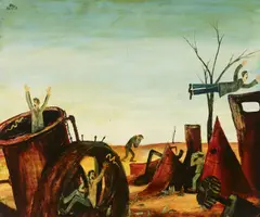 Drunken Figures by Pro Hart, oil on composition board, sold Mar 2009