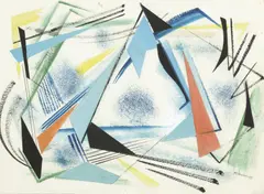 Blue Montage 1955 by Frank Hinder, 1955, watercolour, pastel and collage on paper, sold Mar 2009