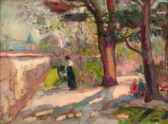 Matka z dziećmi w parku by Jan Peszke, ok. 1910, olej, karton, sold Oct 2024